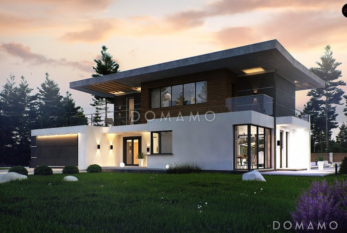 Проект двухэтажного дома с подвалом, гаражом, кладовой в центре кухонной зоны