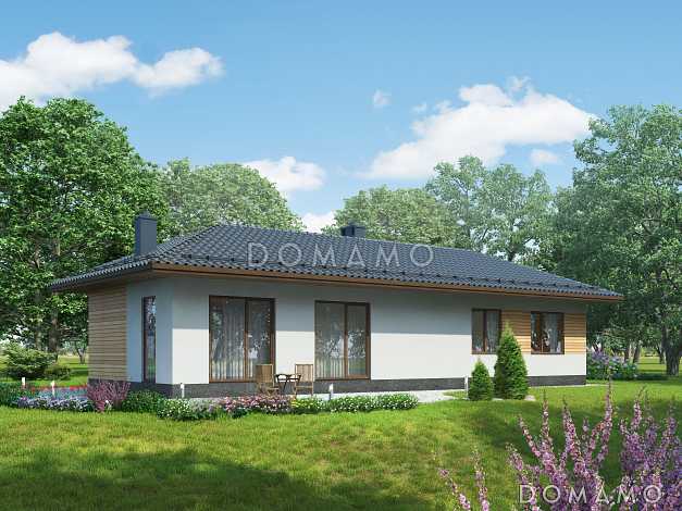 Проект одноэтажного дома по технологии ЛСТК с большими окнами в гостиной