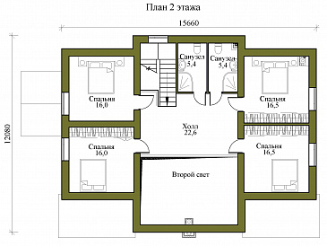 Проект двухэтажного каркасного дома с просторной террасой, сауной и пятью спальнями / План 2 этажа