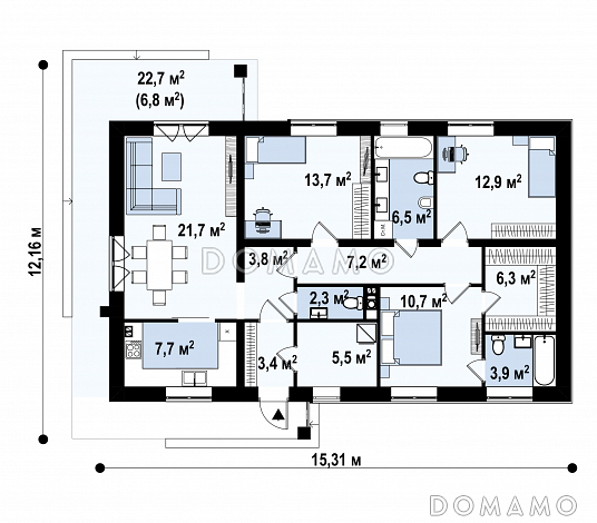 Проект одноэтажного загородного дома простой формы с тремя спальнями,  изолированной кухней / План 1 этажа