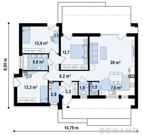 Проект одноэтажного дома из кирпича с плоской крышей с тремя спальнями / План 1 этажа