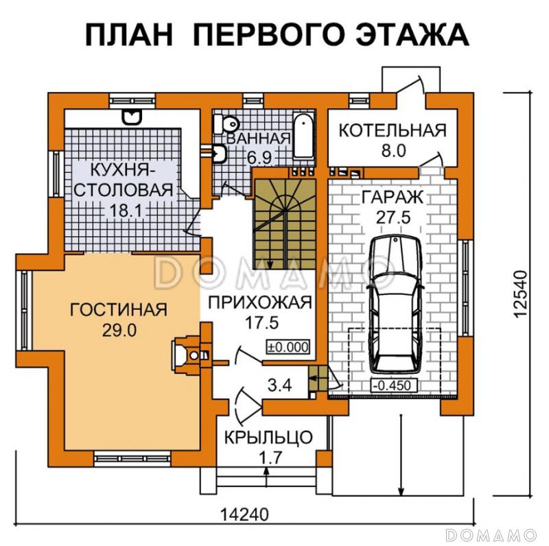 Проект дома из пеноблоков с гаражом для одной машины / План 1 этажа