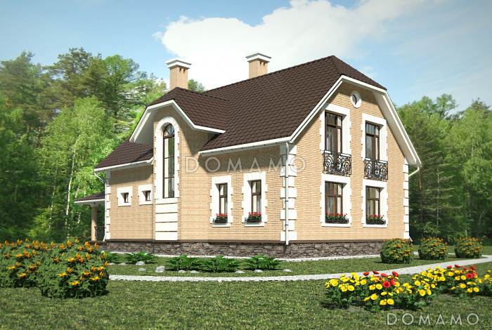 Проект коттеджа с большой террасой и французскими окнами