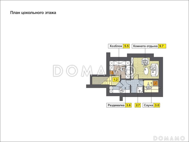Одноэтажный дом с полукруглой террасой, просторной гостиной и кухней-столовой / План цокольного этажа