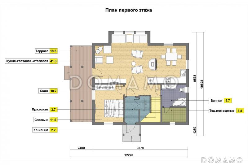 Проект каркасного дома в стиле фахверк с сауной на мансардном этаже / План 1 этажа