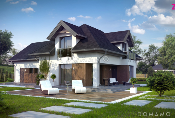 Проект одноэтажного мансардного дома из газобетона с кабинетом, гаражом на два автомобиля и большой мансардной комнатой