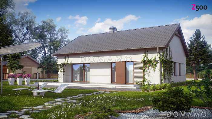 Проект одноэтажного дома из газобетона с открытой террасой по периметру, с возможностью планировки мансардного этажа 