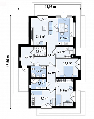 Проект одноэтажного дома с продуманной планировкой, эркером, навесом, объединенной кухней и гостиной / План 1 этажа