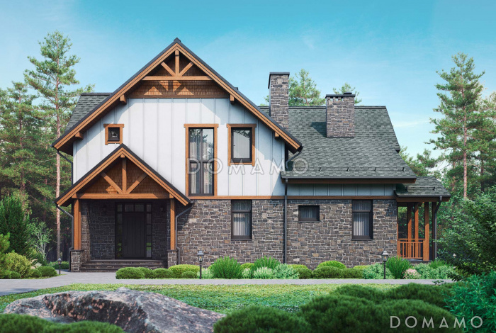 Проект дома в деревенском стиле с 5 спальнями, сауной и верандой с панорамными окнами