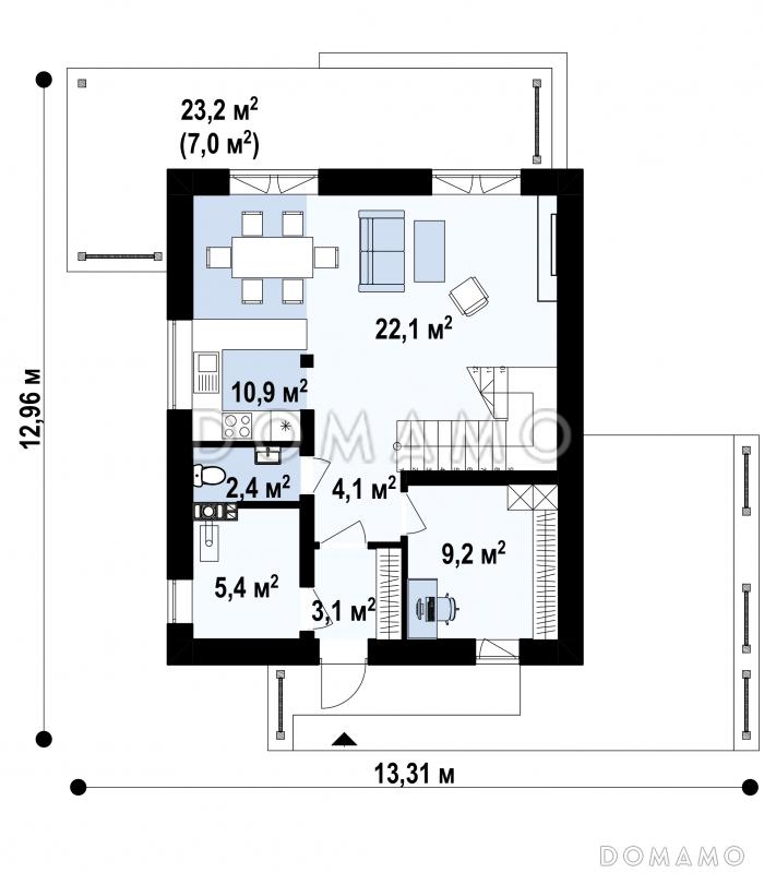 Проект двухэтажного дома с кабинетом, зоной кухни с окном, гостиной с выходом на крытую террасу / План 1 этажа