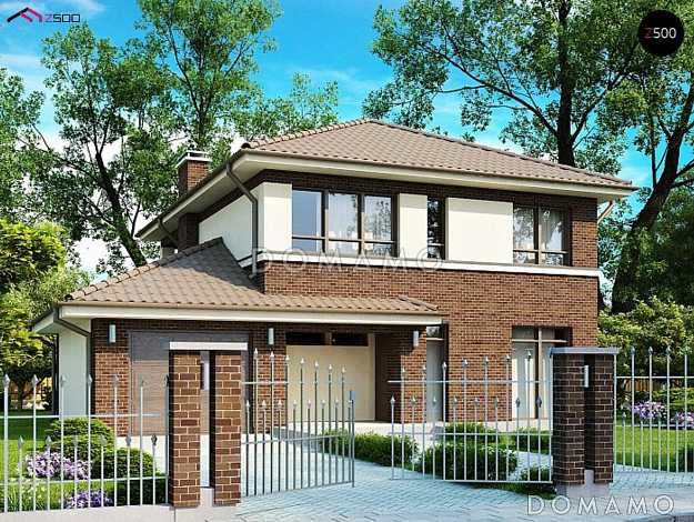 Проект двухэтажного загородного дома с балконом на две спальни, кабинетом, гаражом, террасой