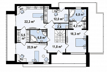 Проект просторного современного двухэтажного дома из газобетона, с пятью комнатами, большим гаражом и двумя лоджиями / План 2 этажа