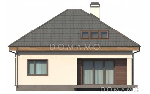 Проект одноэтажного дома из газобетона с двумя спальнями и крытой террасой с жилой мансардой / Фасад 2