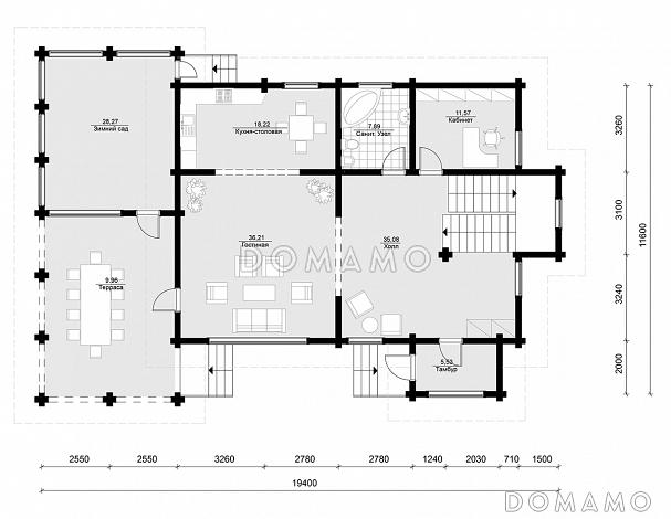 Проект дома из клееного бруса с большой террасой и зимним садом / План 1 этажа