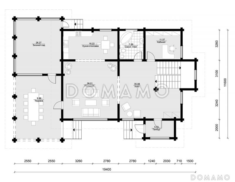 Проект дома из клееного бруса с большой террасой и зимним садом / План 1 этажа