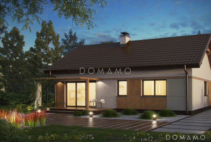 Проект компактного одноэтажного дома из кирпича с двумя спальнями, техническим помещением и изолированной кухней