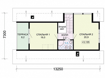 Проект одноэтажного дома из бруса с мансардой и двумя террасами на обоих этажах по всей ширине дома / План мансардного этажа