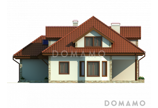 Проект просторного одноэтажного мансардного дома из газобетона с кабинетом, эркером и гаражом / Фасад 3