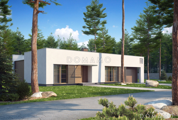 Проект современного двухэтажного дома в стиле хай-тек из газобетона с плоской крышей, гаражом и балконом