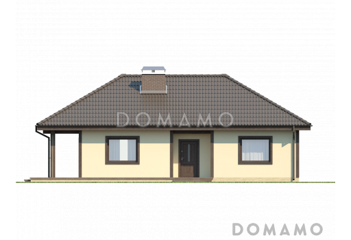 Проект компактного одноэтажного дома из газобетона с двумя спальнями и боковой террасой  / Фасад 1