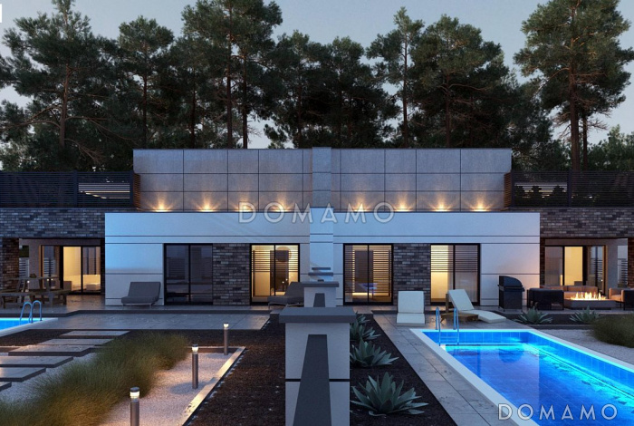 Проект современного двухуровневого дома из газобетона с плоской крышей, террасами и гаражом 