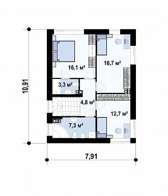 Проект дома с террасой, подвалом, кухней с кладовой, санузлом с душем на первом этаже / План 2 этажа