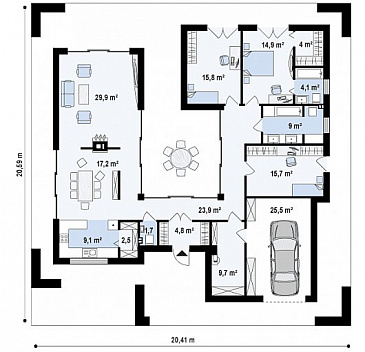 Проект современного одноэтажного дома из кирпича с тремя спальнями, гаражом и внутренним двориком / План 1 этажа