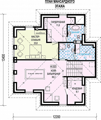 Проект двухэтажного особняка с мансардой, террасой и большой гардеробной / План мансардного этажа