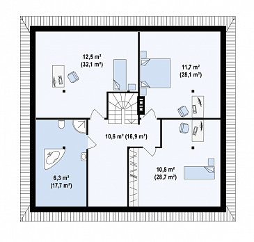Проект большого одноэтажного мансардного дома из газобетона с тремя спальнями на каждом этаже / План мансардного этажа