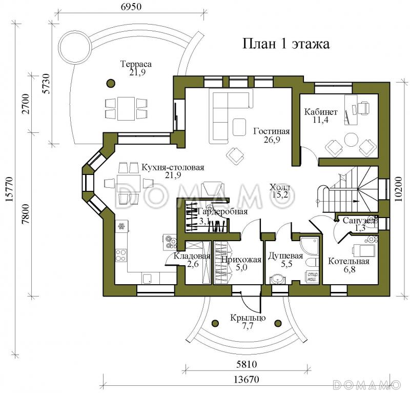 Проект двухэтажного каркасного дома с тремя балконами, округлыми террасой и крыльцом / План 1 этажа
