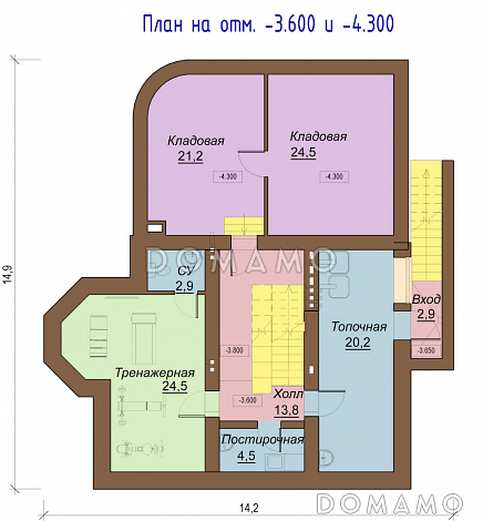 Проект двухэтажного коттеджа с цоколем, с двумя эркерами, балконом и двумя террасами / План цокольного этажа