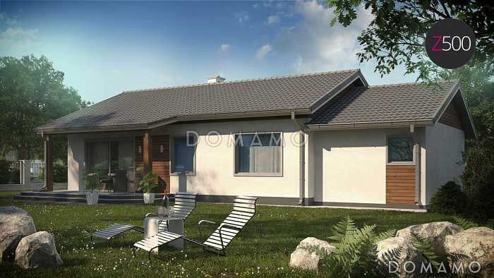 Проект компактного одноэтажного дома из кирпича с тремя спальнями, небольшой крытой террасой и гаражом