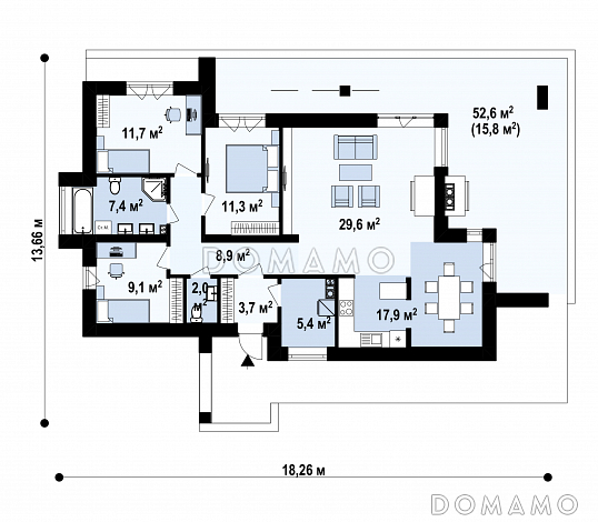 Проект одноэтажного дома с плоской крышей, большой террасой / План 1 этажа