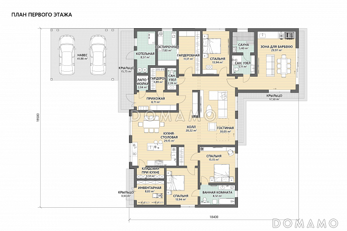 Проект одноэтажного дома из кирпича с крытой зоной для барбекю, навесом для двух машин, просторной дневной зоной и тремя спальнями / План 1 этажа