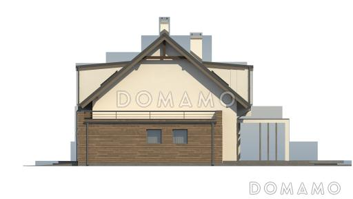 Проект одноэтажного мансардного дома из газобетона с остеклённым прямоугольным эркером, панорамными окнами на мансарде и гаражом  / Фасад 3