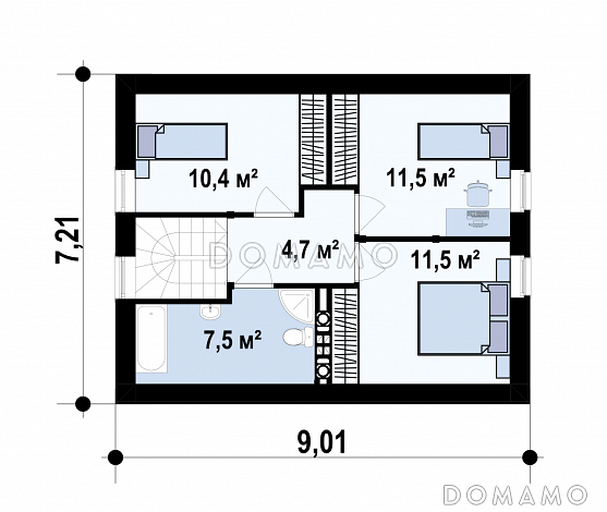 Проект загородного дома с террасой, санузлом с окном, спальней на первом этаже / План мансардного этажа