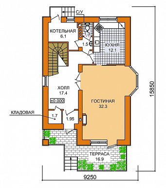 Проект двухэтажного дома с тремя спальными комнатами, кабинетом и небольшим балконом / План 1 этажа