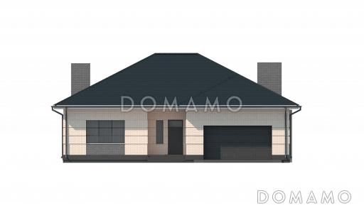 Проект одноэтажного дома с широкой террасой, кухней-столовой, гаражом / Фасад 2
