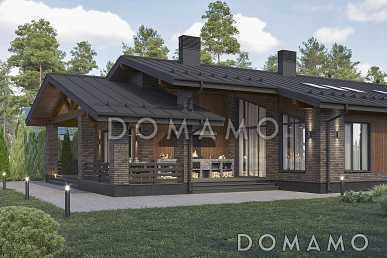 Проект одноэтажного кирпичного дома с 3 спальнями, кладовой при кухне, навесом для двух автомобилей и угловой террасой с печью-барбекю