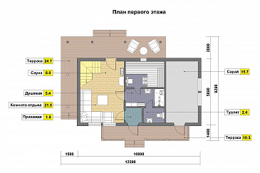 Проект каркасной бани с угловой крытой террасой, сараем и мансардным этажом / План 1 этажа