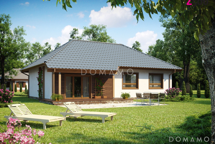 Проект одноэтажного дома из кирпича с тремя спальнями и крытой террасой