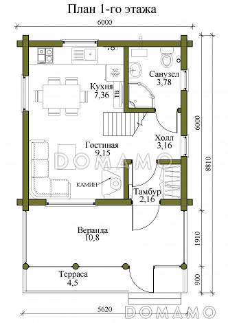 Проект двухэтажного дома из бревна с двумя спальнями, камином и верандой / План 1 этажа