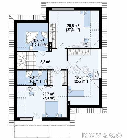 Проект одноэтажного мансардного дома из кирпича с гаражом и тремя спальнями и балконом / План мансардного этажа