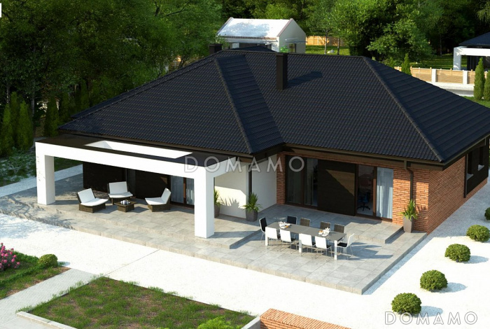 Проект одноэтажного просторного дома из кирпича с отрытой террасой и гаражом для двух автомобилей