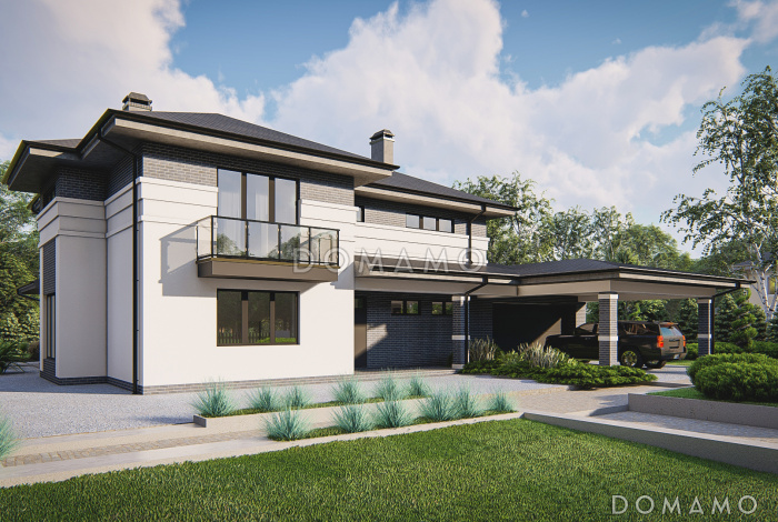 Проект загородного двухэтажного дома с гаражом и навесом, гостиной с эркером, большой прихожей