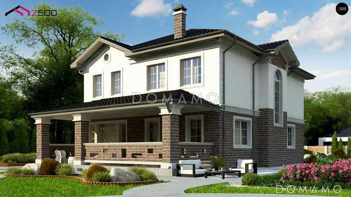 Проект двухэтажного дома с большой гостиной, крытой террасой, кладовой в кухне, спальней на первом этаже