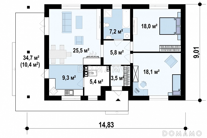 Проект компактного одноэтажного дома из газобетона с двумя спальнями и боковой террасой  / План 1 этажа