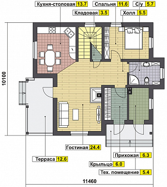 Проект дома с крытой террасой, гостиной с камином, спальней на первом этаже, балконом / План 1 этажа