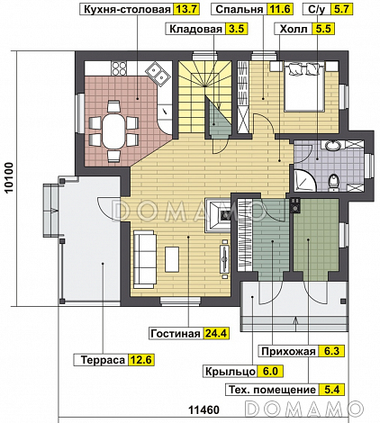Проект дома с крытой террасой, гостиной с камином, спальней на первом этаже, балконом / План 1 этажа
