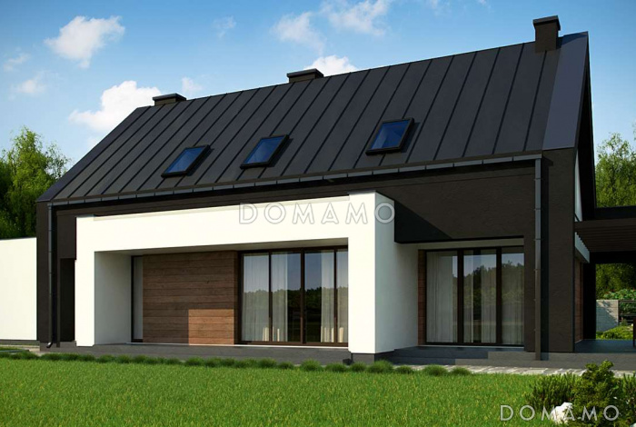 Проект удобного современного одноэтажного мансардного дома из газобетона с гаражом и тремя спальнями на мансарде